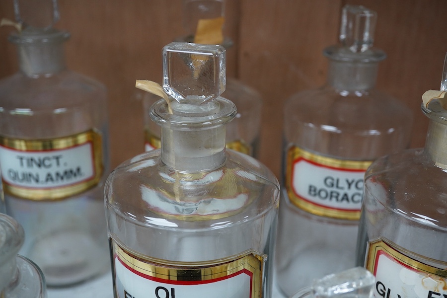 A collection of eleven various sized apothecary labelled bottles, tallest 20cm high. Condition - good